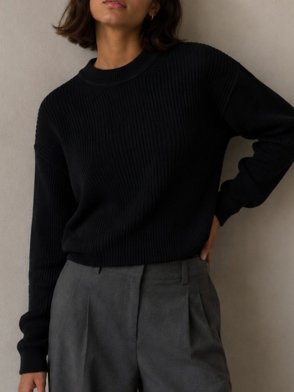 Zara chunky knit ribbed black crewneck sweater fisherman minimalism winter lagen